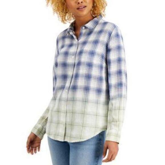 Style & Co Petite Ombre Plaid Button-Front Shirt Chambray Haze PS - Picture 1 of 1